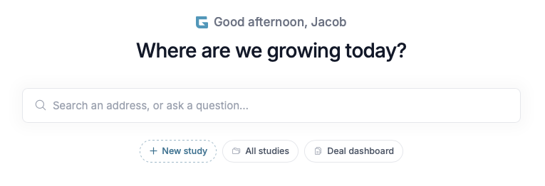 The home page, with a greeting above the Where are we growing today? heading, the search box, and the New study, All studies, and Deal dashboard shortcuts
