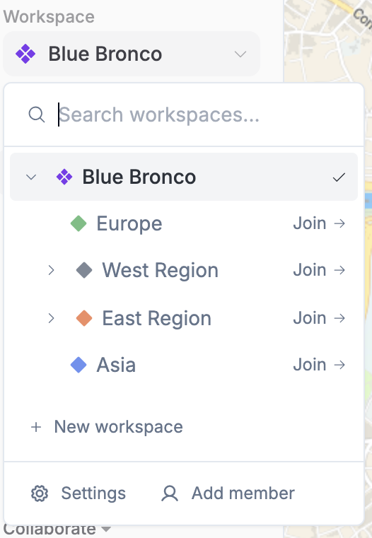 Workspace switcher with Join buttons and quick actions
