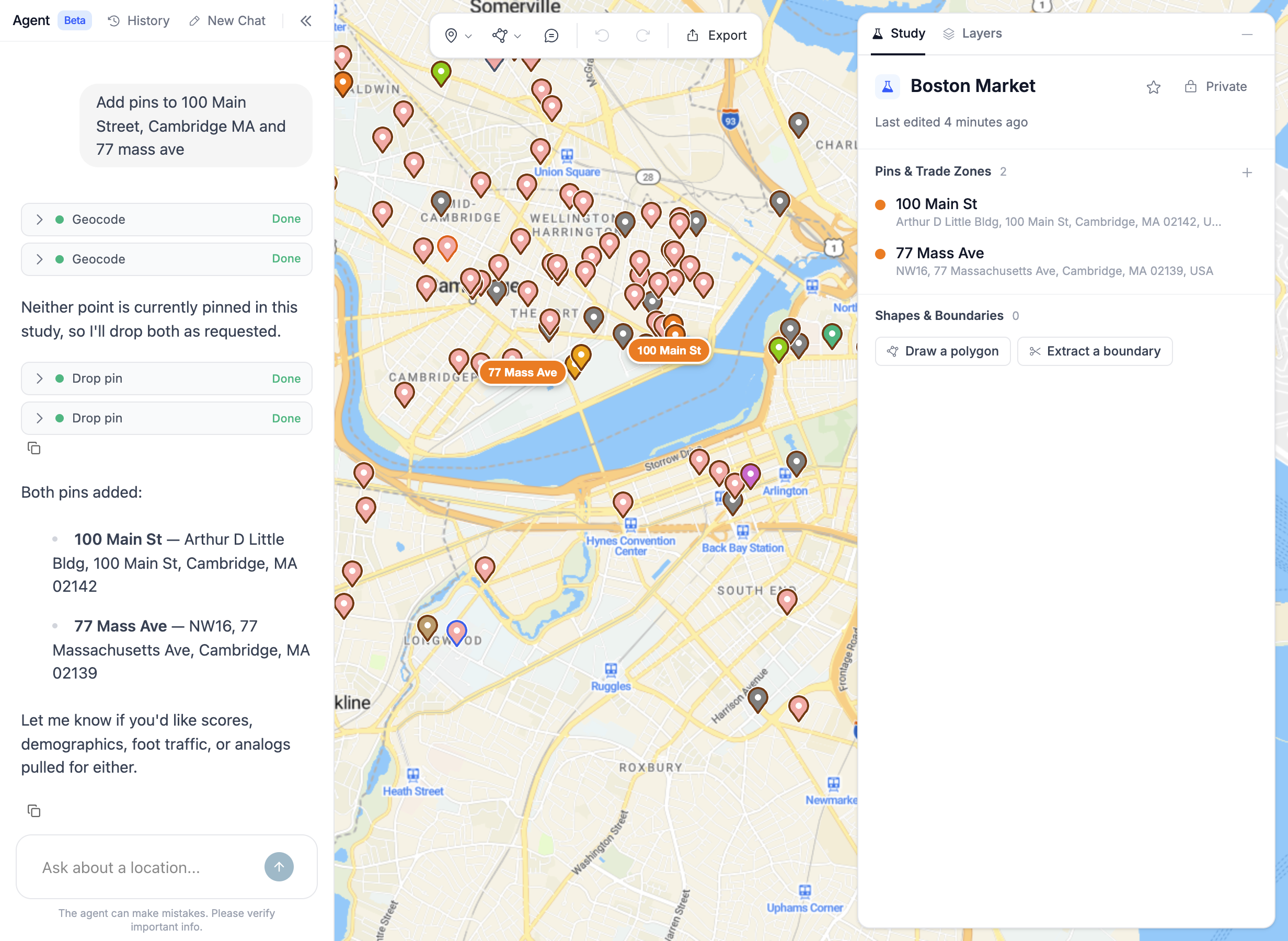 A Market Planning study: the agent, the map with its pins, and the study panel