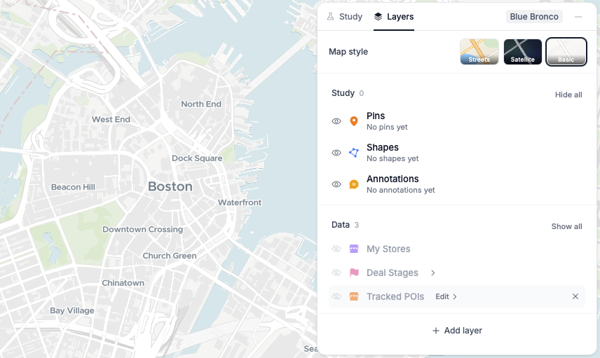 A study map on the Basic style, with the Layers tab's Map style row showing Basic selected